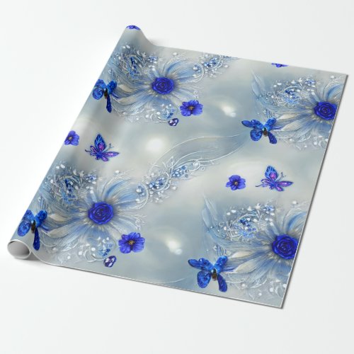 Elegant Silvery Blue  Gray Floral  Butterfly  Wrapping Paper