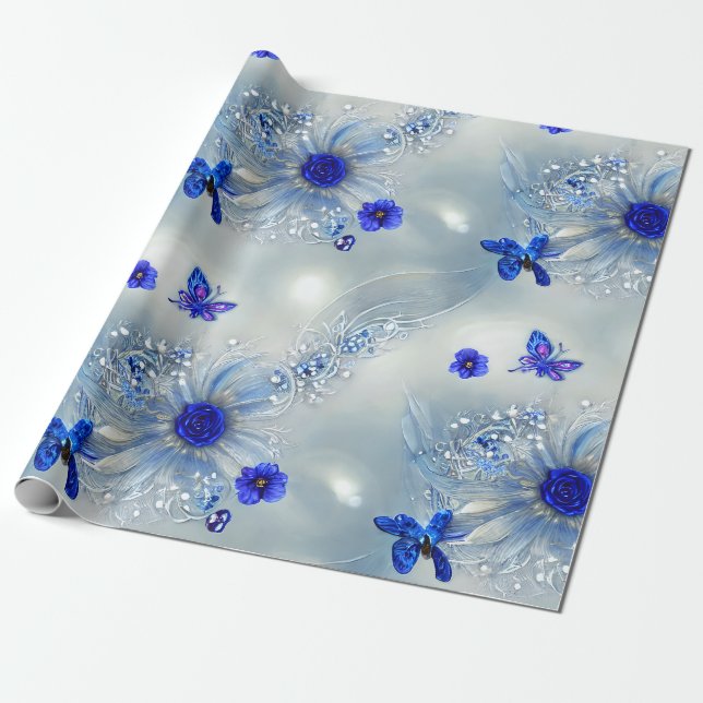 Elegant Silvery, Blue & Gray Floral & Butterfly  Wrapping Paper (Unrolled)