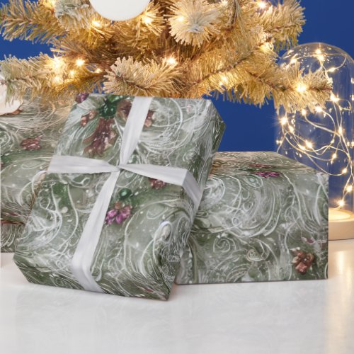 Elegant Silvery Christmas Swirled Floral Pearl Wrapping Paper