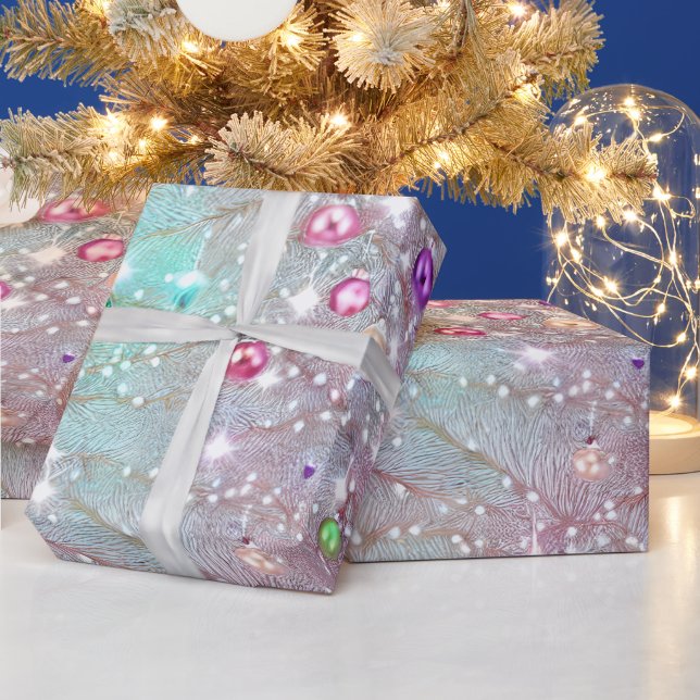 Elegant Silvery Christmas Tree with Ornaments Wrapping Paper (Holidays)