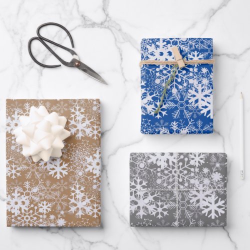 Elegant Silvery Snowflakes Kraft Brown Gray Blue Wrapping Paper Sheets