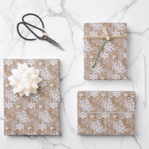 Elegant Silvery White Snowflakes Kraft Brown  Wrapping Paper Sheets