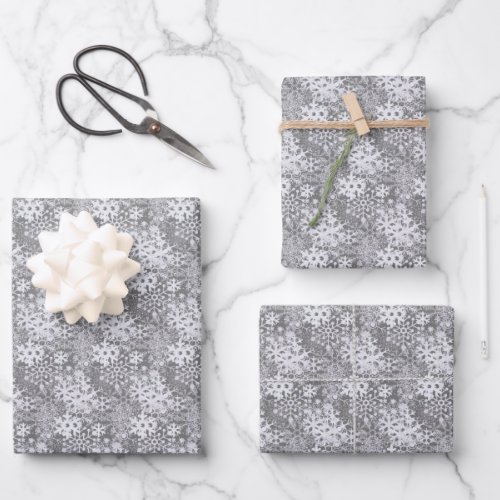 Elegant Silvery White Snowflakes Winter Gray Wrapping Paper Sheets