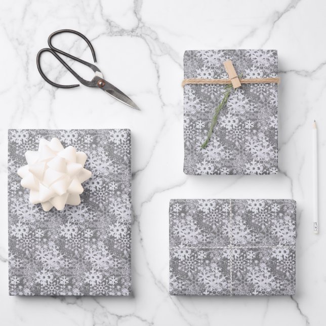 Elegant Silvery White Snowflakes Winter Gray Wrapping Paper Sheets (Front)
