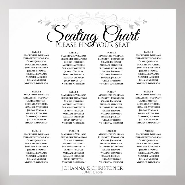 Elegant Simple 12 Table Wedding Seating Chart (Front)