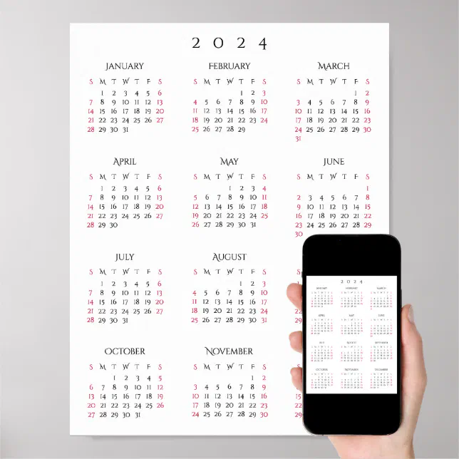 Elegant Simple 2024 Full Year Yearly Wall Calendar Poster Zazzle