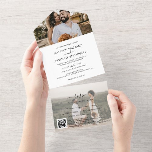 Elegant Simple 2 Photo Qr Code Wedding All In One Invitation