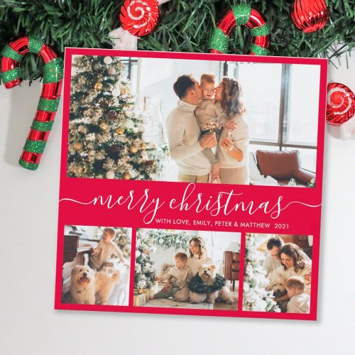 Elegant Simple 4 Photo Collage Christmas Holiday Card