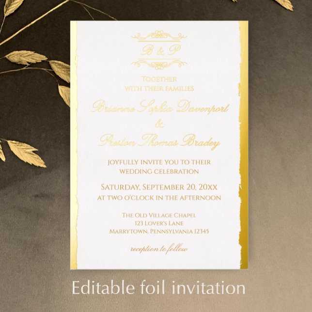 Elegant Simple Antique Monogram Wedding Gold Foil Invitation (Personalize this elegant monogram gold foil wedding invitation.
)