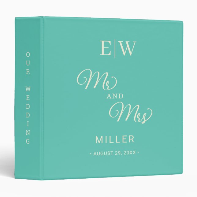 Elegant Simple Aquatic Awe with Monogram Wedding 3 Ring Binder (Front/Spine)