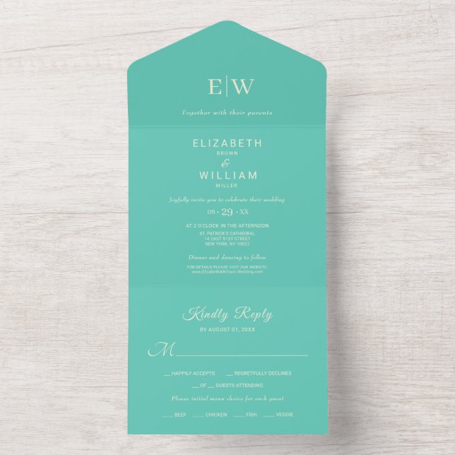 Elegant Simple Aquatic Awe with Monogram Wedding All In One Invitation (Inside)