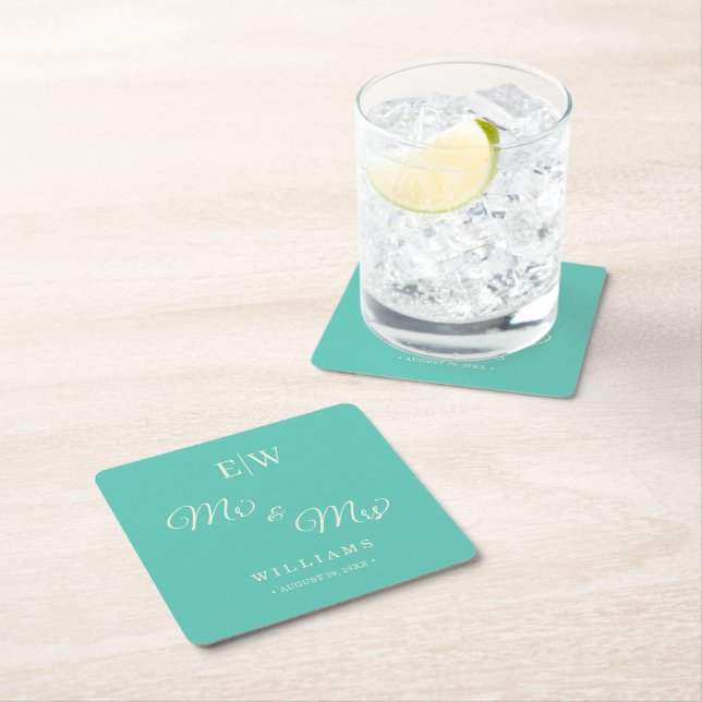 Elegant Simple Aquatic Awe with Monogram Wedding Square Paper Coaster (Insitu)
