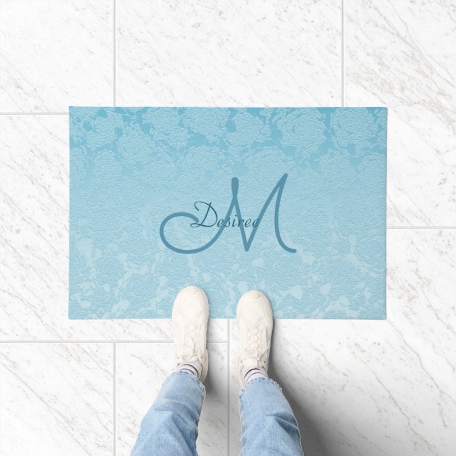 Elegant Simple Baby Blue Girly Monogram Doormat (Indoor)