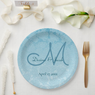 Elegant Simple Baby Blue Wedding Monogram Paper Plates