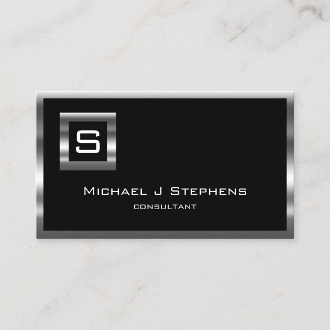 Elegant  Simple Black and Chrome Monogram Business Card (Front)