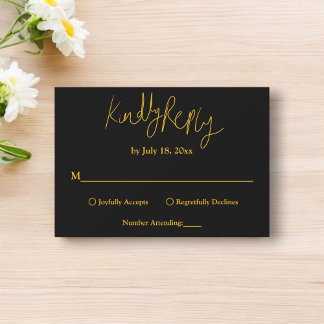 Elegant Simple Black And Gold Calligraphy Wedding RSVP Card