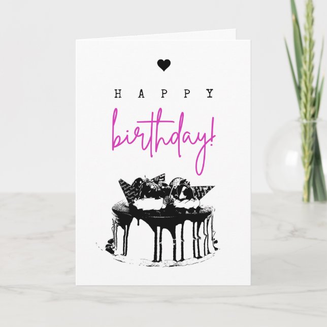 Elegant Simple Black and White Birthday Cake Card (Front)