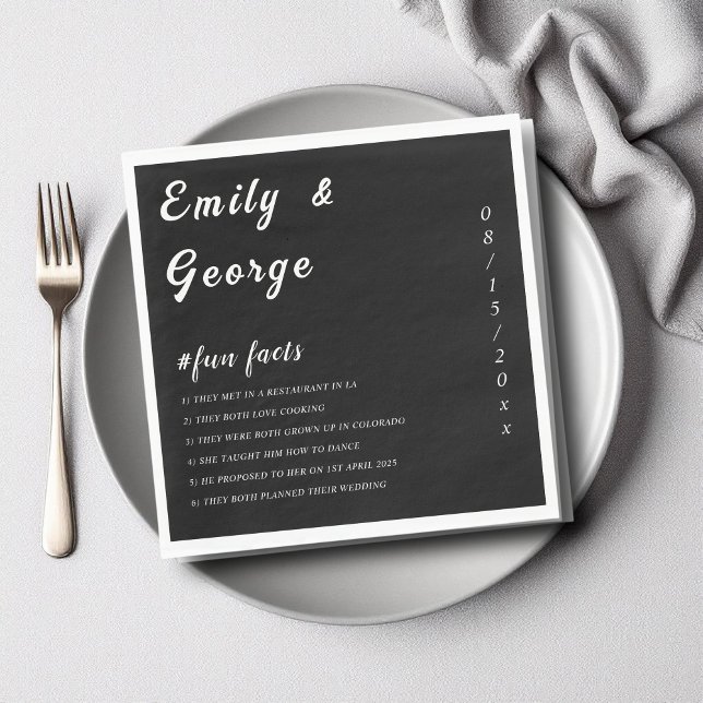 Elegant Simple Black and White Fun Facts Wedding Napkins (Creator Uploaded)