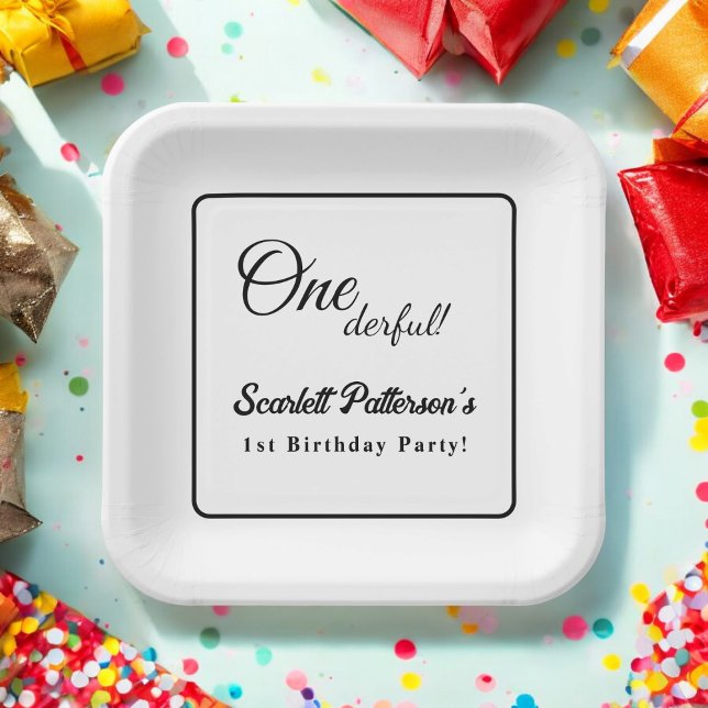 Elegant Simple Black And White Modern 1st Birthday Paper Plates (Creator Uploaded)