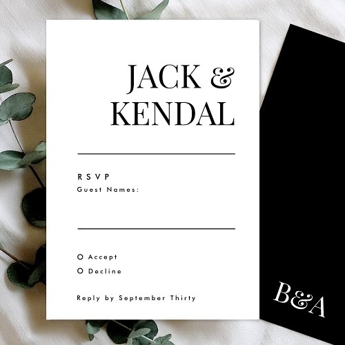 Elegant Simple Black and White Monogram Wedding RSVP Card