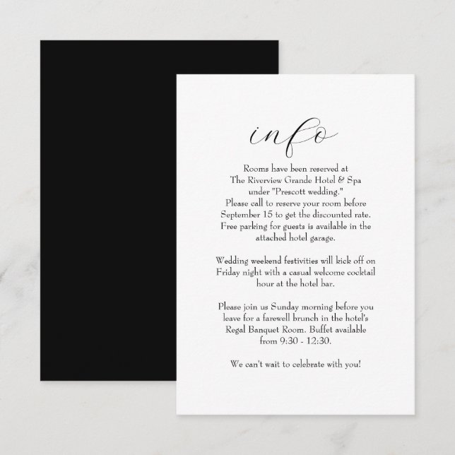 Elegant simple black and white wedding information enclosure card (Front/Back)