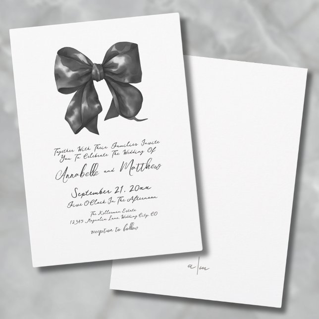 Elegant Simple Black Bow Wedding Invitation (Elegant Simple Handwritten Black Bow Wedding Invitation)