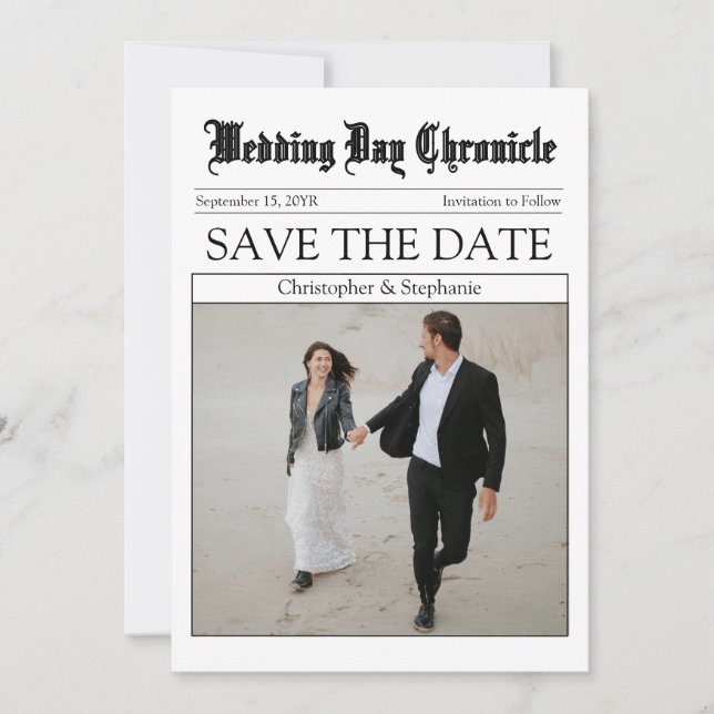Elegant Simple Black Calligraphy QR Code Newspaper Save The Date (Front)
