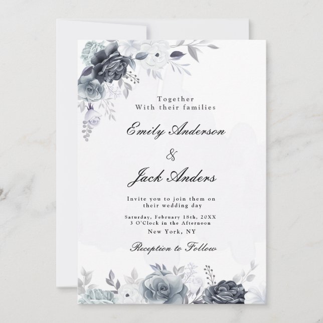Elegant simple Black Floral wedding Invitation (Front)