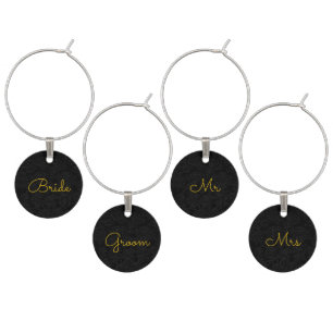 Elegant Simple Black Gold Bride Groom Mr Mrs Wine Charm