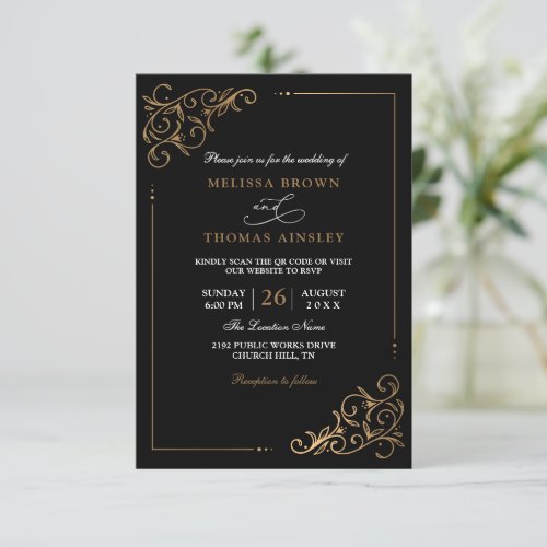 Elegant Simple Black Gold Budget Qr Code Wedding Invitation