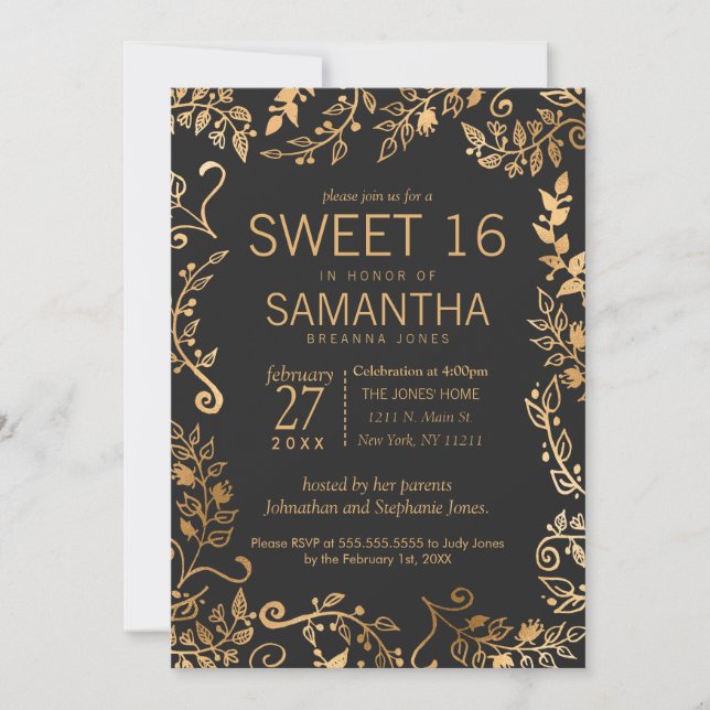 Elegant Simple Black Gold Floral Sweet 16 Invitation (Front)