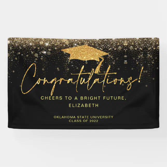 Elegant Simple Black Gold Glitter Graduation Banne Banner | Zazzle
