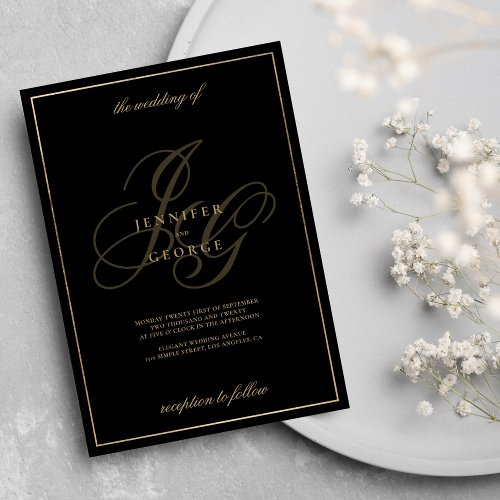 Elegant simple black gold monogram initial wedding invitation