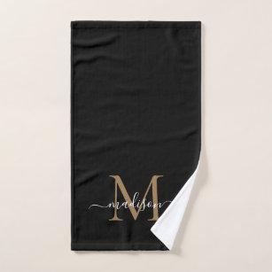 Elegant Simple Black Gold Monogram Script Name Hand Towel