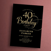 Elegant Simple Black Gold Script 40th Birthday