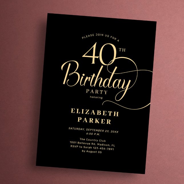 Elegant Simple Black Gold Script 40th Birthday Invitation (Creator Uploaded)