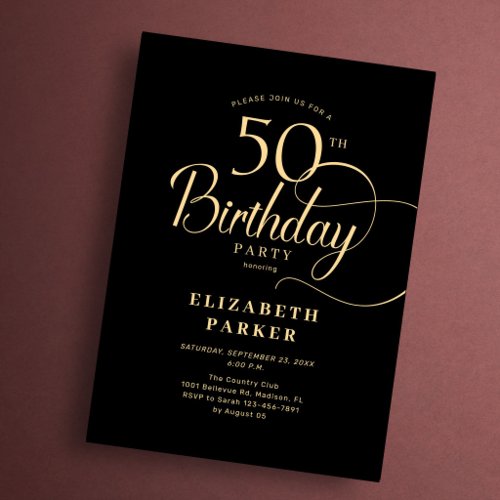 Elegant Simple Black Gold Script 50th Birthday Invitation