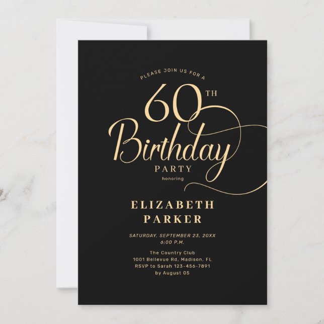 Elegant Simple Black Gold Script 60th Birthday Invitation (Front)