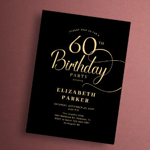 Elegant Simple Black Gold Script 60th Birthday Invitation