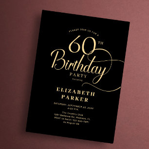 Elegant Simple Black Gold Script 60th Birthday Invitation