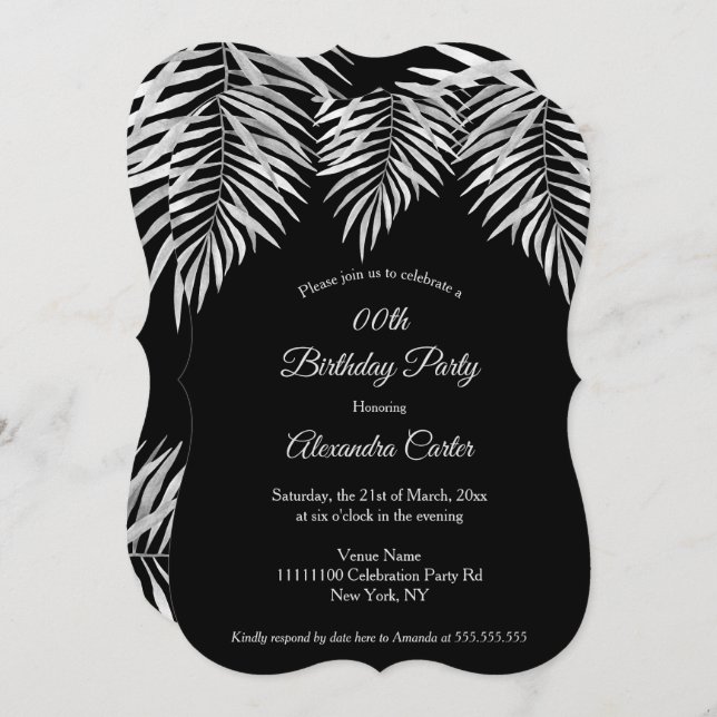 Elegant Simple black gray palms Birthday Party Invitation (Front/Back)