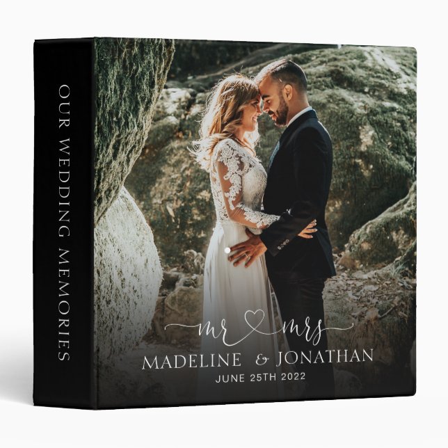 Elegant Simple Black Mr Mrs Heart Photo Wedding 3 Ring Binder (Front/Spine)
