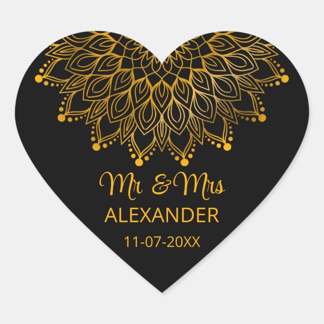 Elegant simple black ornate wedding heart sticker (Front)