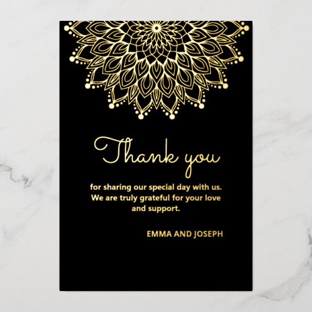 Elegant simple black ornate wedding thank you card (Front)