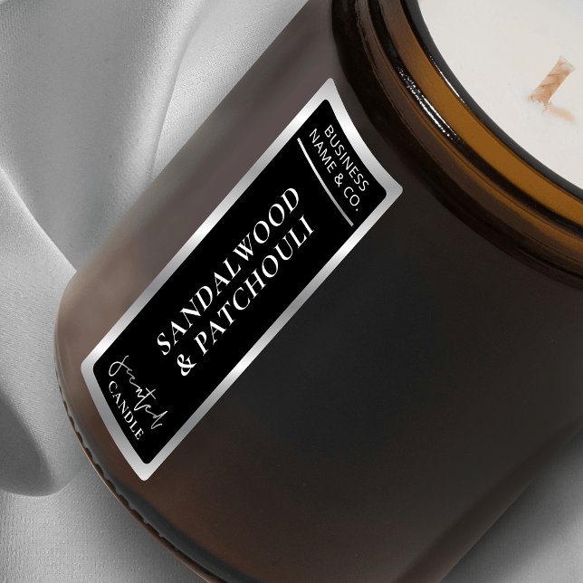 Elegant Simple Black & Silver Tamper Proof Candle Labels (Modern black and silver thin vertical candle jar sticker with faux chrome metallic effects)