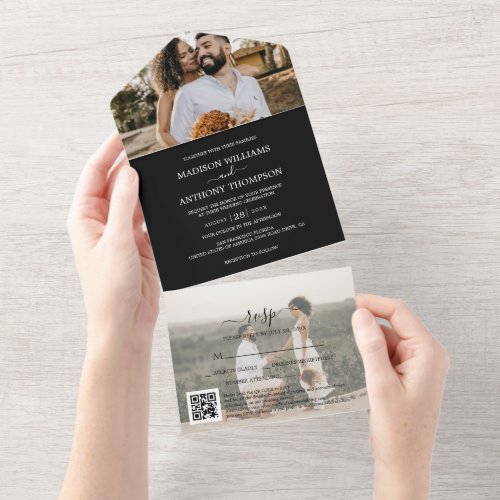 Elegant Simple Black White 2 Photo Qr Code Wedding All In One Invitation