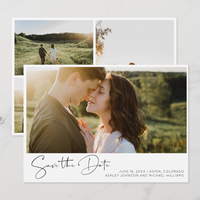 Elegant Simple Black & White 4 Photo Engagement Save The Date (Front/Back)