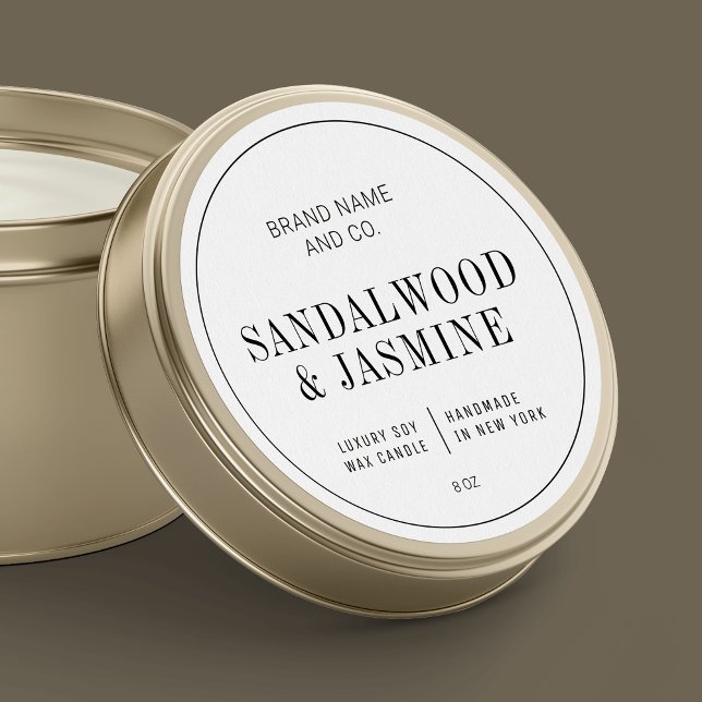 Elegant Simple Black & White Candle Product Label (Minimalist round product label in black and white with stylish fonts and simple layout)