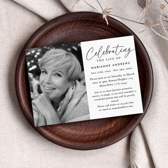 Elegant Simple Black White Celebration of Life Invitation (Creator Uploaded)