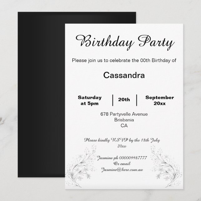 ELEGANT & SIMPLE BLACK WHITE CUSTOM BIRTHDAY INVITATION (Front/Back)